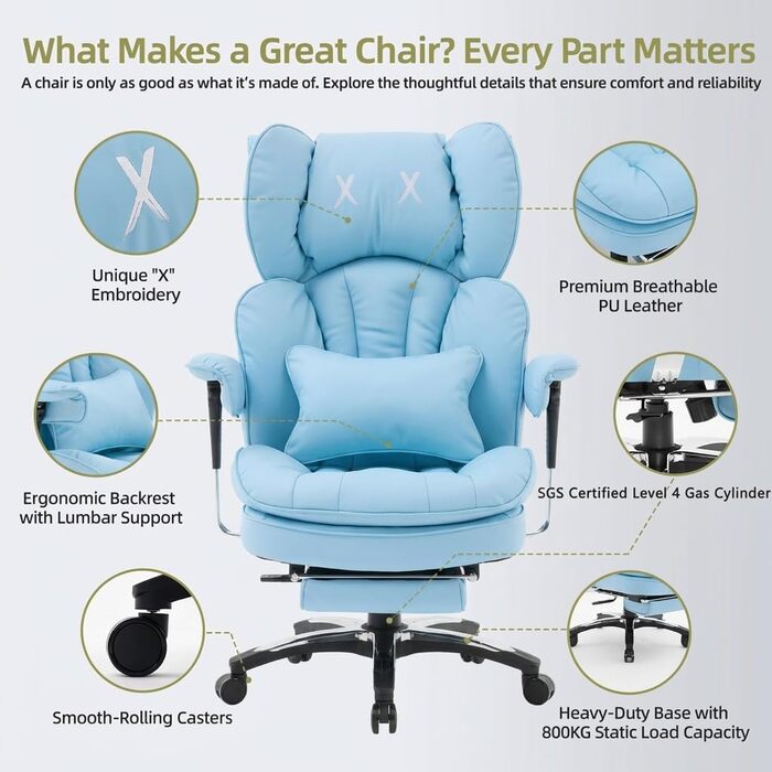 Ергономічне офісне крісло Efomao X-Stickerei для дому та офісу, шкіряне (PU), 200 кг, з підставкою для ніг та підтримкою попереку, чорне з блакитним