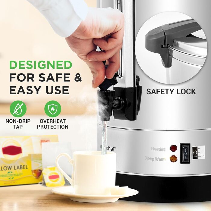 NutriChef Електричний автоклав та дозатор гарячої води 13л – нержавіюча сталь, безпечний кришка, краник без підтікання | Функція підігріву для глінтвейну, чаю, кави | Для комерційного та приватного використання | 1100W, компактний пристрій 13 літрів
