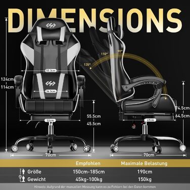 Геймінговий крісло HLONONE, ергономічний ігровий крісло з кишеньковим пружинним матрацом, гоночний крісло для геймерів з підніжкою, підтримкою попереку, регульоване офісне крісло, вантажопідйомність 150 кг, PC крісло (Чорно-білий)