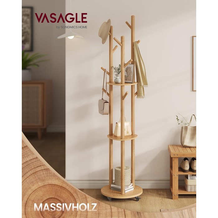 Вішалка для одягу VASAGLE з 11 гачками та 3 полицями, на коліщатках, з масиву дерева, для передпокою, спальні, вітальні, RCR023B01 (натуральний колір)