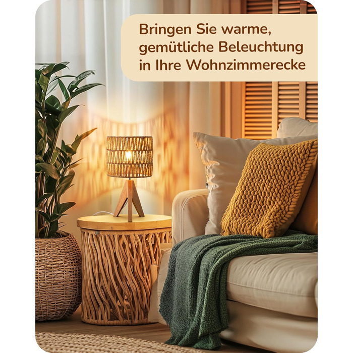 LED настільна лампа EDISHINE з абажуром з ручної роботи, дерев'яною ніжкою, тепле світло 2700K, бохо-стиль, для спальні, вітальні, готелю, з лампочкою E27 4W