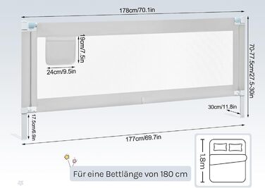 Бортик для ліжка WOLTU 150 см, захисний бортик для дітей та немовлят, висота регулюється 69-87 см, тканина Оксфорд, металевий каркас, світло-сірий