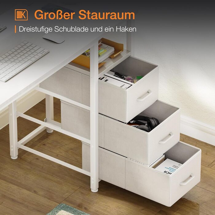 Комп'ютерний стіл ODK з 3 висувними ящиками, 100x48x75.5 см, з розетками та USB, білий. Перевертається, для дому та офісу