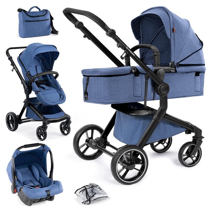 Дитяча коляска Bergsteiger Lugo 3в1 | Комплект: люлька, прогулянковий блок, автокрісло | Isofix база (синій)