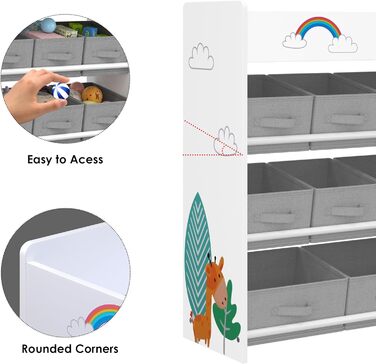 Дитяча полиця для іграшок HOCSOK з 10 тканинними коробками для зберігання, полиця для книг, іграшковий ящик на колесах, органайзер для іграшок у дитячій кімнаті, білий
