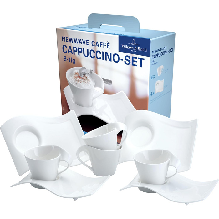 Набір кавовий Villeroy & Boch NewWave Premium Cappuccino 8 предметів на 4 персони, білий, для кавоварки, миюча посудомийна машина, дизайн хвиля, 4 шт.