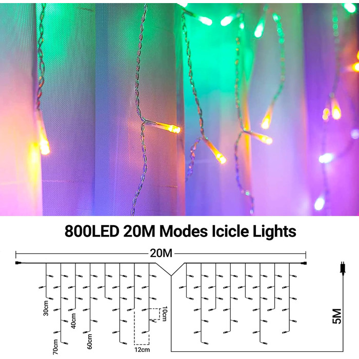 Світлова завіса Elegear 4M 144 світлодіоди, IP44, 8 режимів, барвистий, 20М 800 світлодіодів, Різдвяна прикраса для вулиці