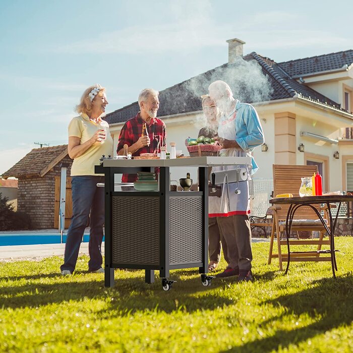 Столик для гриля Onlyfire, візок для барбекю з великою робочою поверхнею, з відкидними бічними полицями, з нержавіючої сталі, 143.5 x 56 x 91 см, двостулковий