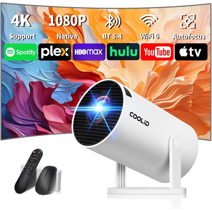 Портативний проєктор Mini Beamer 4K Full HD 1080P з 5G WiFi 6, Bluetooth 5.4, автоматичною корекцією трапецеїдальних спотворень, поворотом 270°, підтримкою USB/Laptop/PC, з пультом та мишкою. Чорний (Білий)