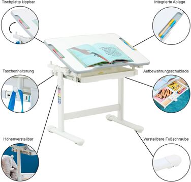 Дитячий письмовий стіл CARO VITA, білий, з регулюванням висоти та нахилом, з шухлядою та тримачем рюкзака