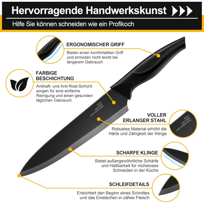 Набір кухонних ножів TEAMFAR 15 предметів з підставкою, нержавіюча сталь, з точильним каменем, антипригарне покриття, чорний