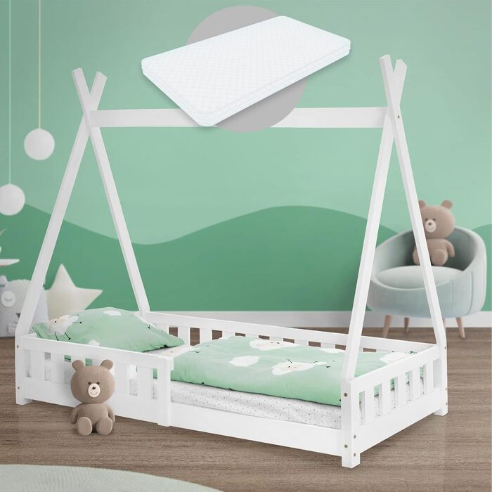 Дерев'яне ліжко-будиночок Tipi ML-Design для дітей 80x160 см з бар'єром та ламелями, з захистом від падіння, з сосни, для дівчаток та хлопчиків, ліжко-намет, індіанське ліжко