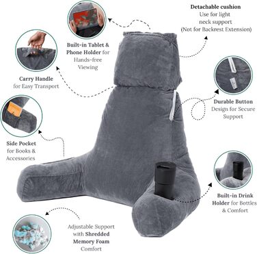 Storrejoy Велике подушко-крісло для читання - спинка для сидіння в ліжку з підлокітниками, знімною подушкою для голови, з піною з пам'яті, тримачем для книги/планшета, кишенями для зберігання та отвором для ручки (Антрацит) Темно-сірий