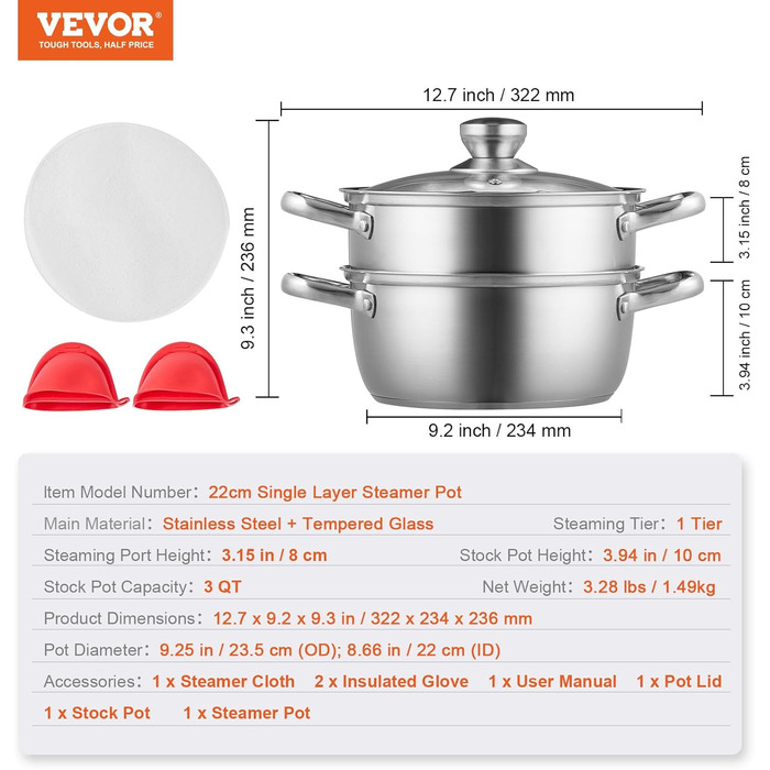 Пароварка VEVOR 22 см з нержавіючої сталі зі скляною кришкою, 1 ярус, для овочів, риби, супу, пельменів