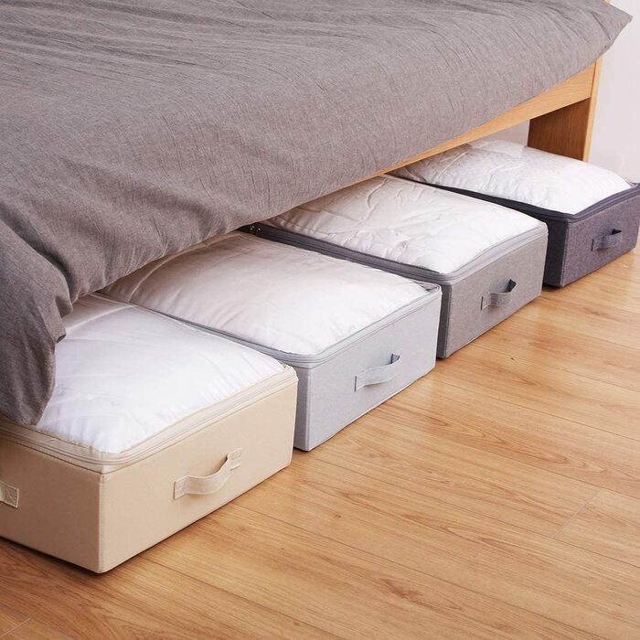 Просторі відкриті ящики для зберігання під ліжком з кришками для взуття, ковдр, постільної білизни, прості в збірці, бежевого кольору