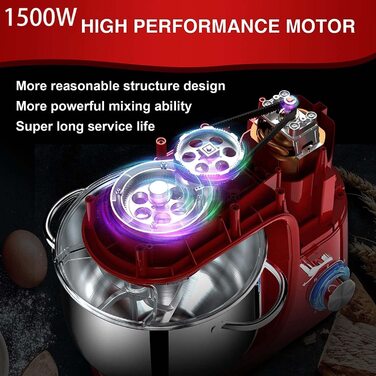 Кухонна машина Zuccie з тихою роботою, місткістю 5л, з нержавіючою сталевою чашею, 3 насадки, захист від бризок, скребок для тіста та роздільник яєць, 8+ швидкостей