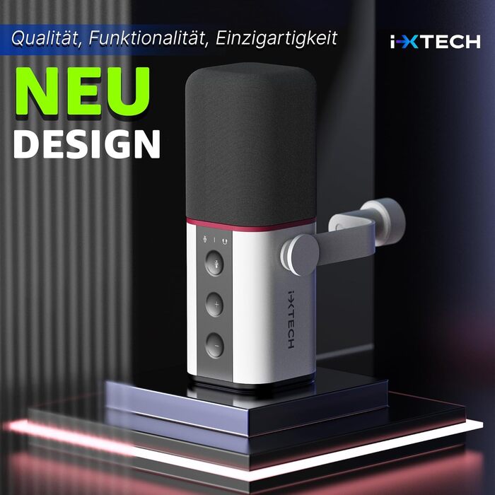 IXTECH Динамічний мікрофон із кардіоїдною діаграмою, RGB підсвітка, USB/XLR, для співу, подкастів, стрімінгу, запису, ігор та озвучування, білий