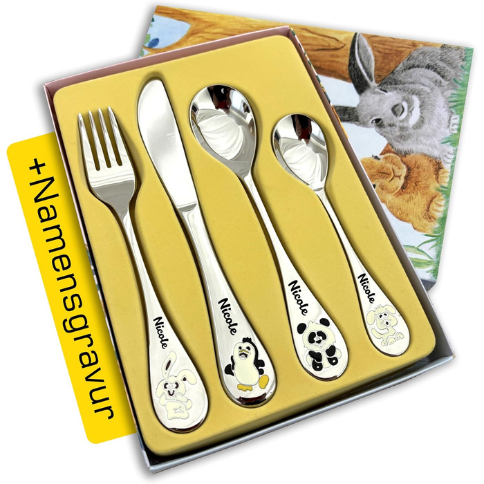 Набір дитячого посуду Kinder Arche Noe з гравіюванням, нержавіюча сталь, 4 шт. | Подарунок на хрещення