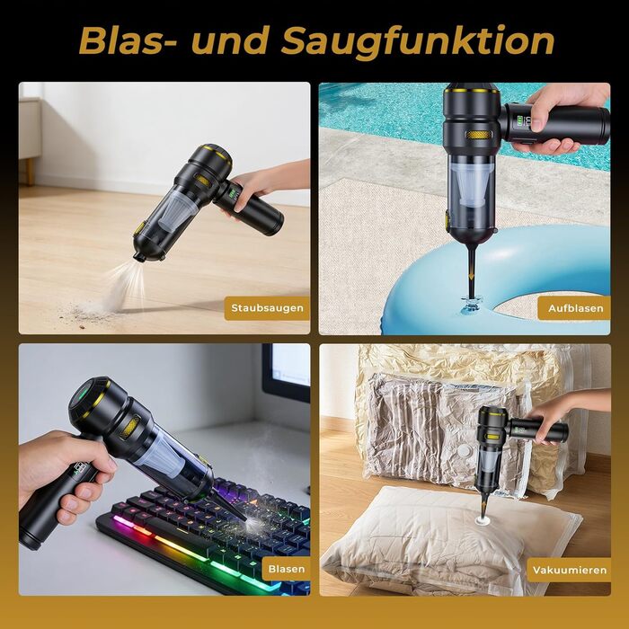 Акумуляторний ручний пилосос HOVIN для авто та дому, потужність 24000 Па, 3 режими роботи, бездротовий, чорно-золотий