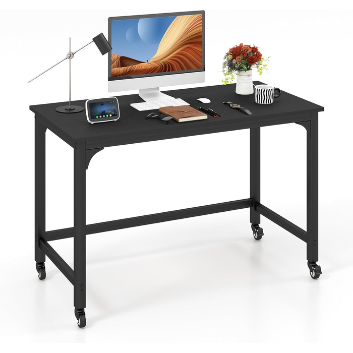 Письмовий стіл з коліщатками, Комп'ютерний стіл з металевим каркасом, Робочий стіл з 4 колесами, Офісний стіл рулонний, Стіл для ПК, 120 x 60 x 76 см, Black Carbon Black