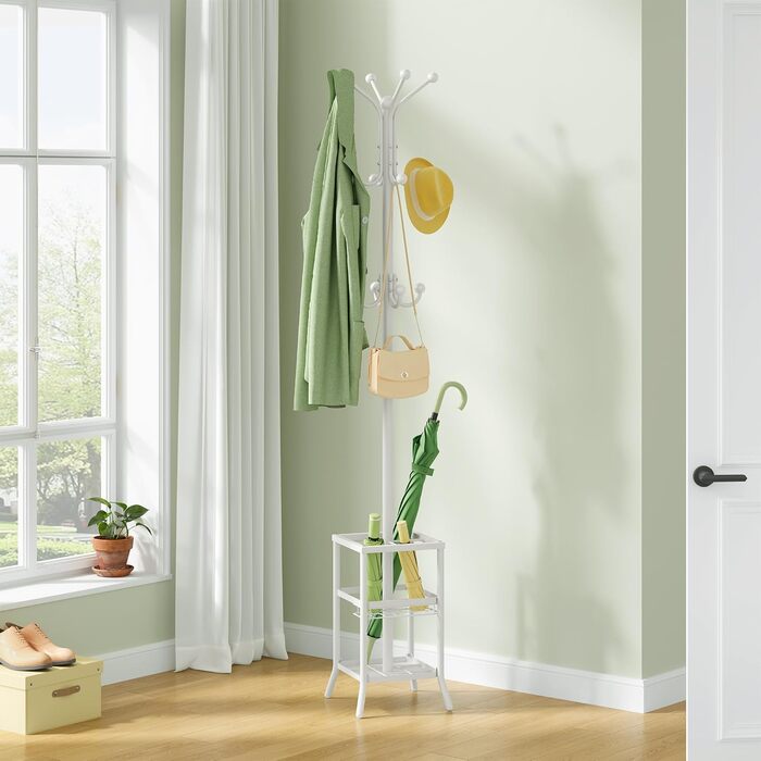 Настінна вішалка для одягу FAVOOSTY з підставкою для парасольки, 12 гачків, стійка для пальто, вішалка для одягу в вітальню, спальню, срібна (білий)