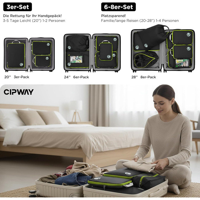 Набір компресійних органайзерів для одягу в подорож Cipway, ультралегкі пакувальні куби для валізи та рюкзака, 8 предметів, чорний