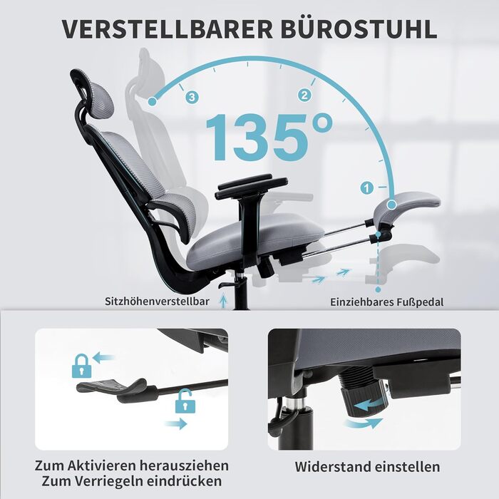 Ергономічне крісло для офісу з підніжкою, висока спинка, 2D-підголівник, відкидні підлокітники, сидіння з губки, сітчастий офісний крісло, крісло для керівника, комп'ютерне крісло для дорослих (сірий)