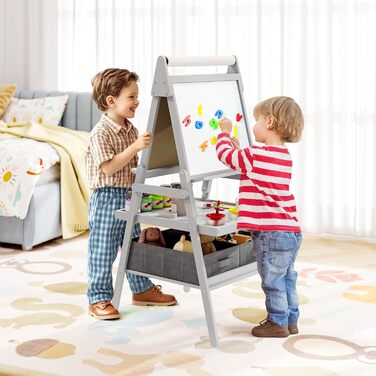 Дитяча мольберт DREAMADE 3 в 1: магнітна дошка, крейдяна дошка, рулон паперу, 4 стаканчики для фарби та 2 тканинні коробки. Для дітей від 3 років (білий, сірий)