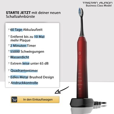 Електрична зубна щітка Tristan Auron – 55 000 вібрацій, 5 режимів, 60 днів роботи від акумулятора, компактна та тиха, 2 насадки, для бережного очищення зубів (червона)