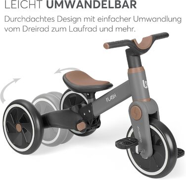 KikkaBoo Flash 5-в-1: Біговел/Триколісний велосипед для дітей від 18 місяців, сталевий каркас, EVA колеса, регульована ручка, сірий