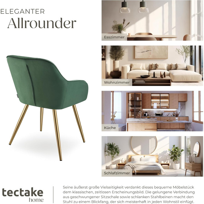 Крісло tectake® з оксамиту, сучасні кухонні стільці, крісло для вітальні, стілець для туалетного столика - (набір 1 шт, темно-зелений/золотий)