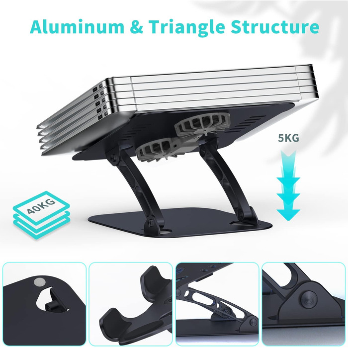 Регульована підставка для ноутбука з RGB вентилятором, складана з алюмінієвого сплаву, вентильована, ергономічна, сумісна з MacBook, 10-17'' (чорний)