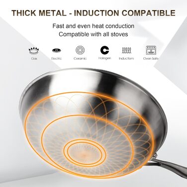 Вок RIOVARM 32 см з нержавіючої сталі з кришкою, антипригарне покриття, плоске дно, індукційні та газові плити, посудомийна машина, духовка, тришарова структура