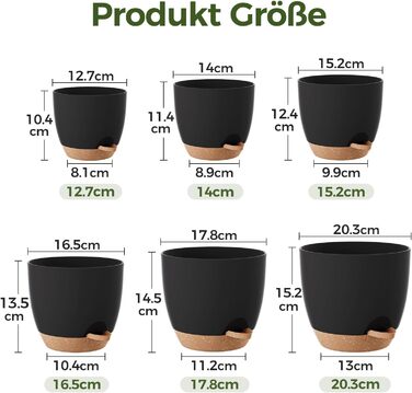 Набір горщиків для квітів Bamworld 6 шт. з автополивом, чорні, різні розміри (12.7-20.3 см), з підставкою, для розсади та кімнатних рослин