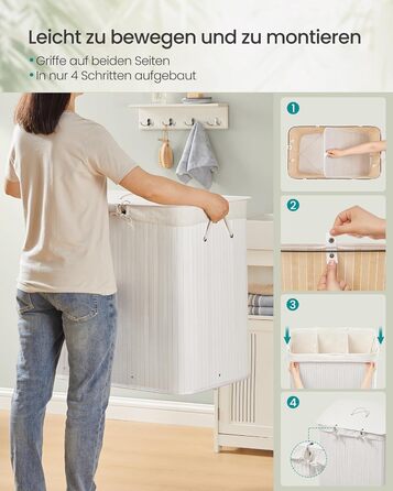 SONGMICS Кошик для білизни з кришкою, 2 відділення, бамбук, складний, знімний мішок для прання, з ручками, 170 л, білий