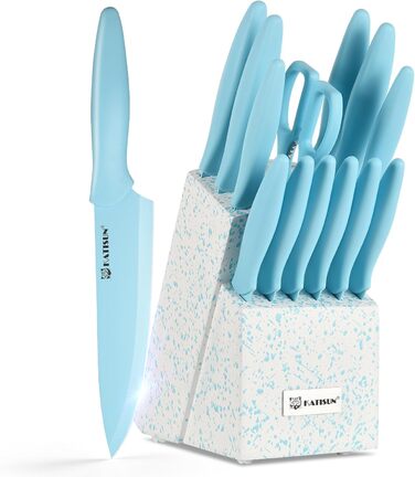 Набір кухонних ножів Katisun 16 предметів з японської сталі, з бруском для заточування, дощечкою та ножицями, кухонний набір для нарізки, шинкування та нарізання, безпечний для миття в посудомийній машині (14 ножів, синій/синій)