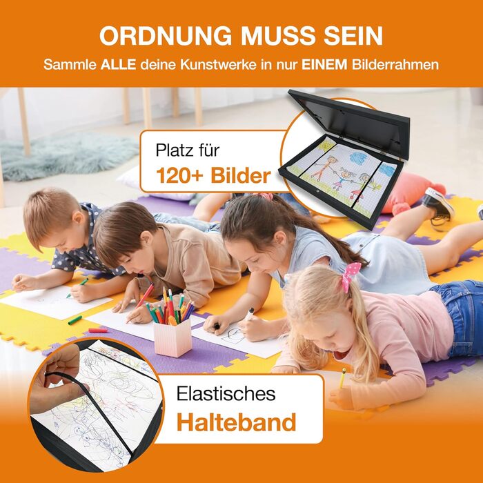 BALA® Преміум рамки для фотографій - 2 шт. A4, для дитячих малюнків та творчих робіт, з фронтальною відкриваністю та кріпленням для підвішування або встановлення, вміщують 120+ зображень (Чорний)