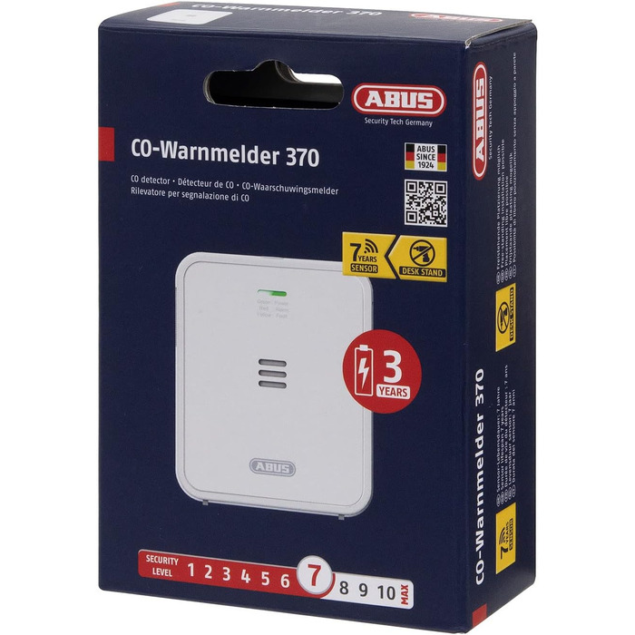 Детектор чадного газу ABUS COWM370 - датчик CO з 7-річним сенсором, гучний сигнал 85 дБ, кнопка тестування та 3 роки роботи від батареї - білий, 1 шт., без дисплея