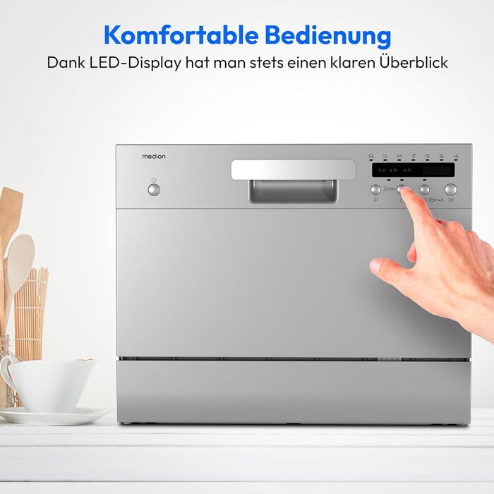 Посудомийна машина MEDION DWT60, 6 комплектів, 7 програм, ECO, AquaStop, LED дисплей, захист від дітей, срібна