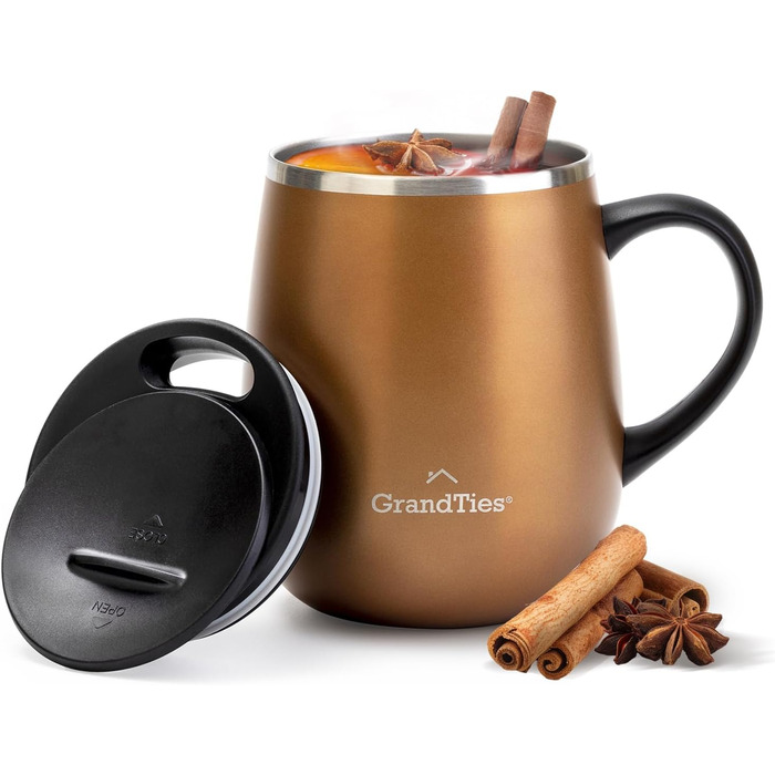Термокружка Grandties з ручкою та кришкою-ковпачком, 480 мл | З подвійних стінок з нержавіючої сталі, зберігає тепло та холод | Колір: Cognac Metallic