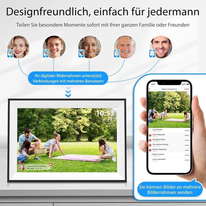 Цифрова фоторамка Frameo 10.1 дюймів WLAN, Full HD IPS сенсорний екран 1280x800, 32GB пам'ять, автоматичний поворот, можливість монтажу на стіну, керування через додаток Frameo (Чорна з білою рамкою)
