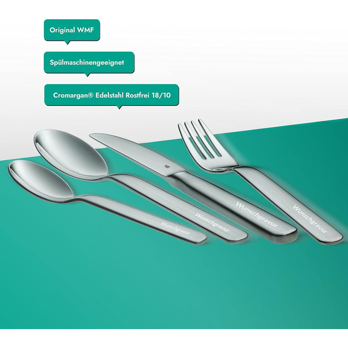 Набір дитячого столового прибору WMF Kinderbesteck з гравіюванням, 4 шт. First Lyric, для хрещення, від 4 років, індивідуальна гравіювання, подарунок для хлопчика