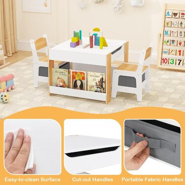 Дерев'яний дитячий стіл 4 в 1 DREAMADE з 2 стільцями, дошками та полицями, комплект меблів для дітей