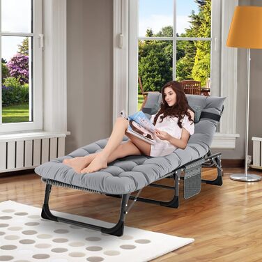 Сонячне ліжко MOPHOTO, складане для саду з матрацом, регульована спинка та підніжка, портативне, для дому та вулиці, складна (зелене дитяче ліжко, сірий килимок)