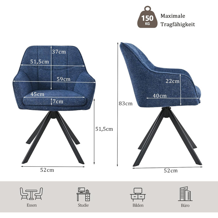 Обідні крісла поворотні, сірі, з підлокітниками, 6 шт. М'які крісла для кухні та вітальні з металевими ніжками, з тканини (темно-синій льон)