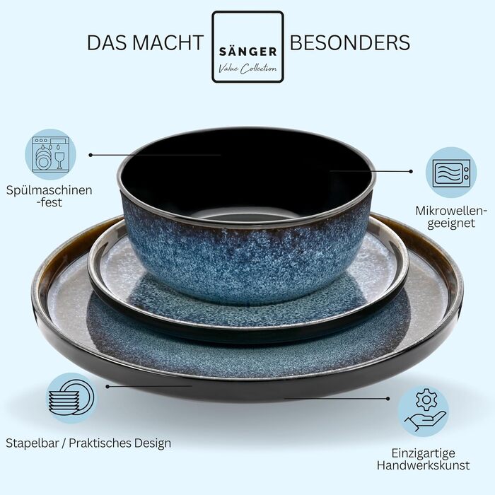 Набір посуду SÄNGER Osaka (18 предметів) | Керамічний набір посуду на 6 осіб: тарілки, миски, десертні тарілки, блакитний колір з чорним бордюром, стійкий до подряпин | VALUE COLLECTION