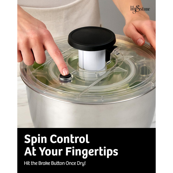 Salatschleuder Lily & Stone з нержавіючої сталі: велика, з піддоном та ситом. Швидке та легке сушіння салатів, овочів, фруктів, пасти та картоплі фрі.