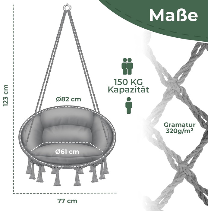 Крісло-гойдалка KESSER® з подушкою - крісло-гойдалка для дорослих та дітей, до 150 кг, для дому та саду, сіре