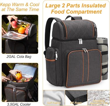 Набір для пікніка на 4 особи: рюкзак, корзина, сумка-холодильник, ковдра, для кемпінгу та парку (колір коричневий)