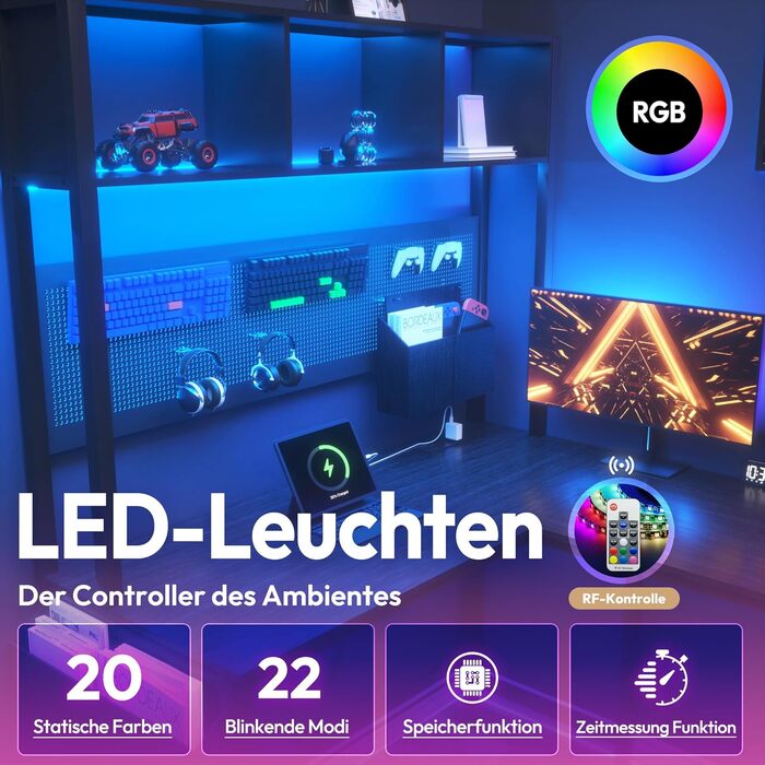 Ігровий стіл Dowinx з LED-підсвічуванням, L-подібний, з розеткою та місцем для зберігання, обертовий, з USB, для дому, 120x148 см (Чорний)